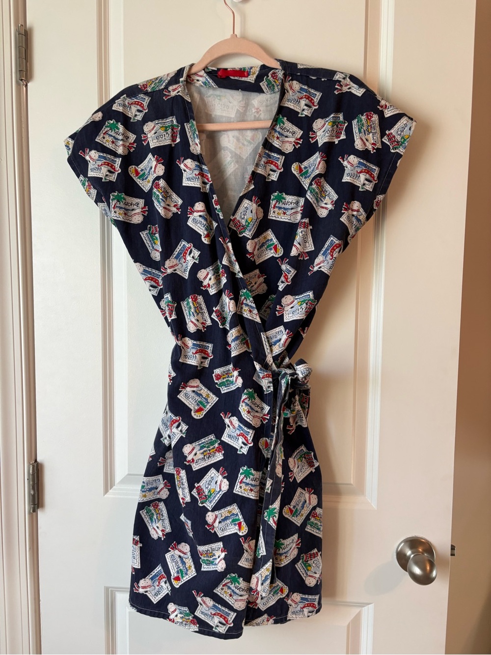 Vintage Navy Printed Wrap Dress with Tie Waist